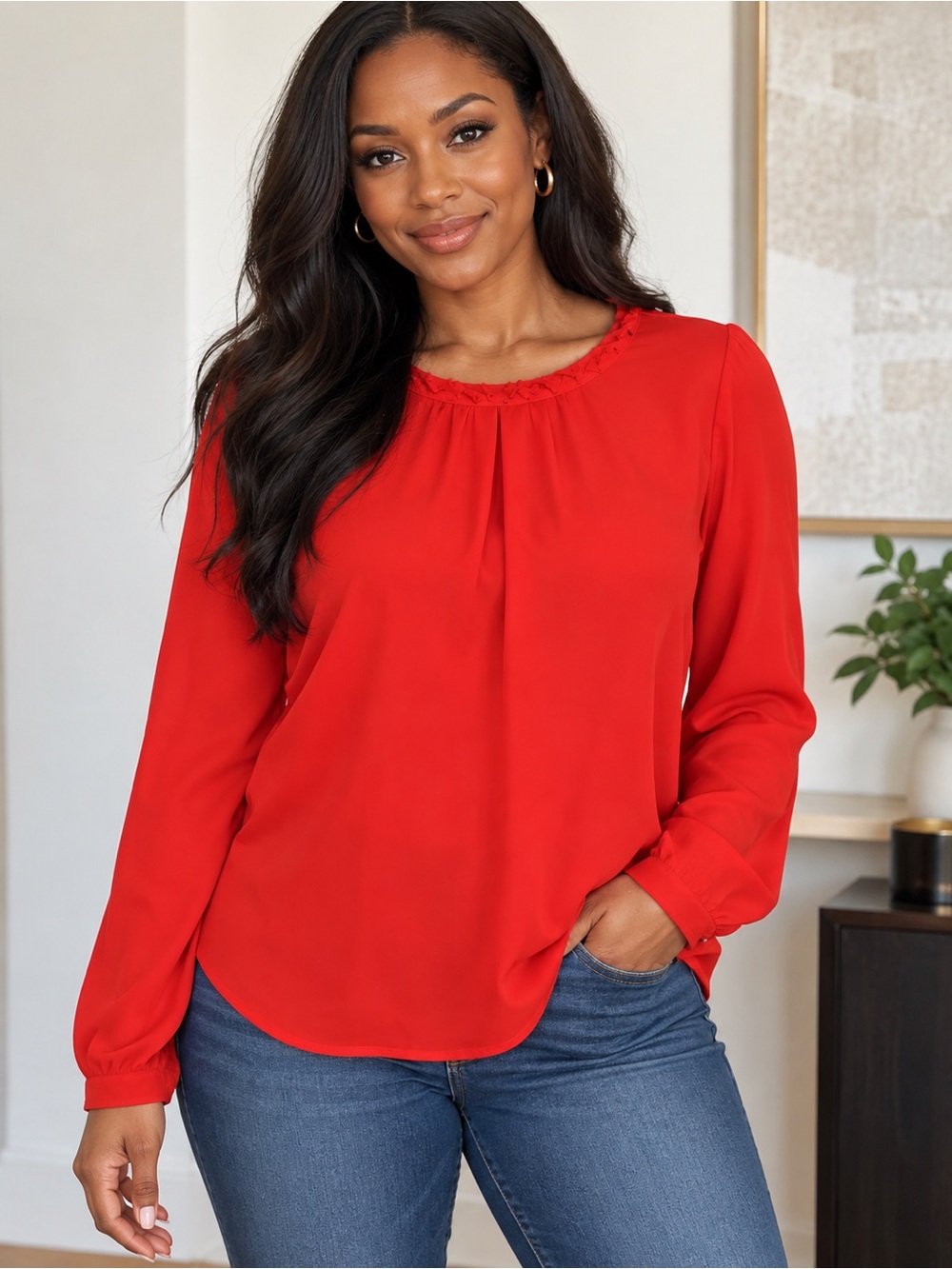 Mexx Orange Long-Sleeve Gathered-Neck Blouse